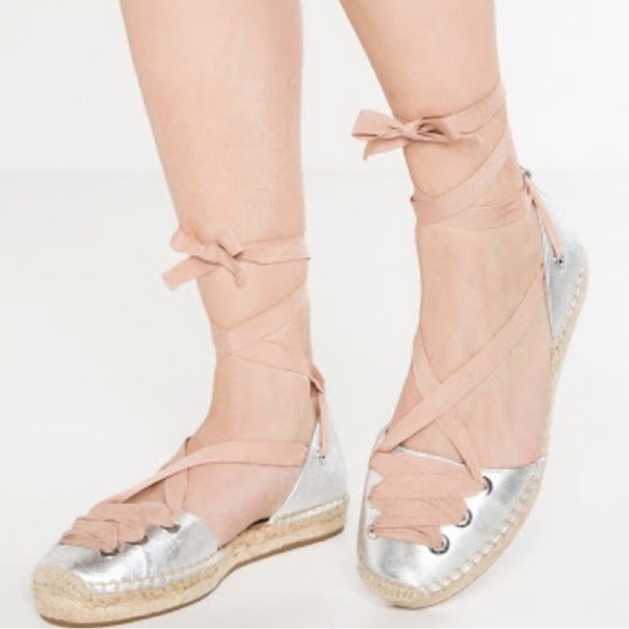 Aldo Silver Pink Emee Leather Jute Espadrille Lace Up Ballet Flats Coquette Sz 8 - Picture 1 of 12